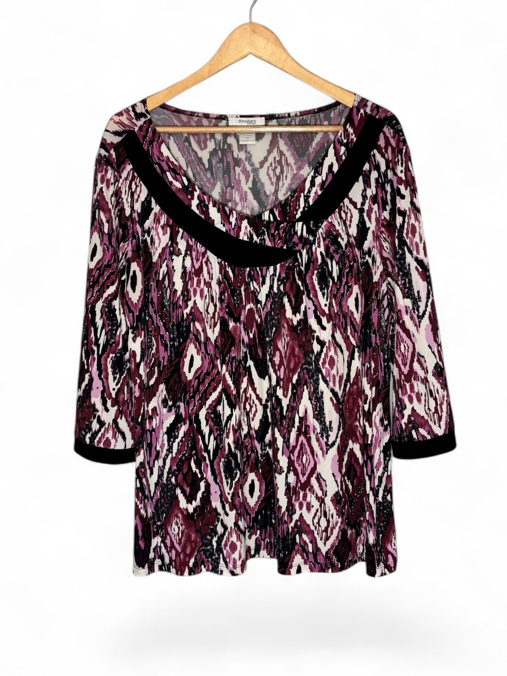 Dressbarn 1X Purple Black Stretch Knit Jersey Blouse Top Ikat Print Plus Boho